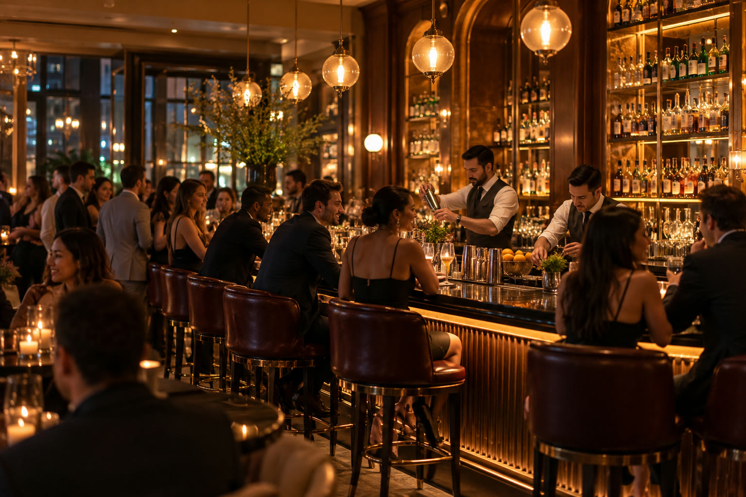 Escena ilustrativa de un bar concurrido de estilo neoyorquino