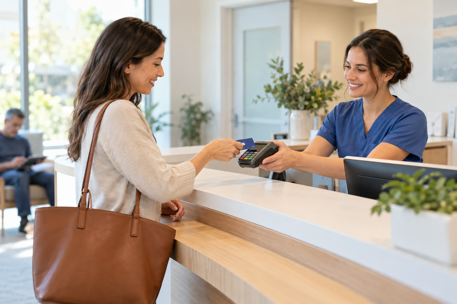 Patient paying by credit card at a medical reception desk
