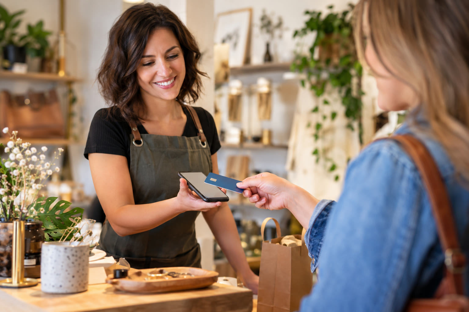 Mujer aceptando un pago con tarjeta mediante un teléfono