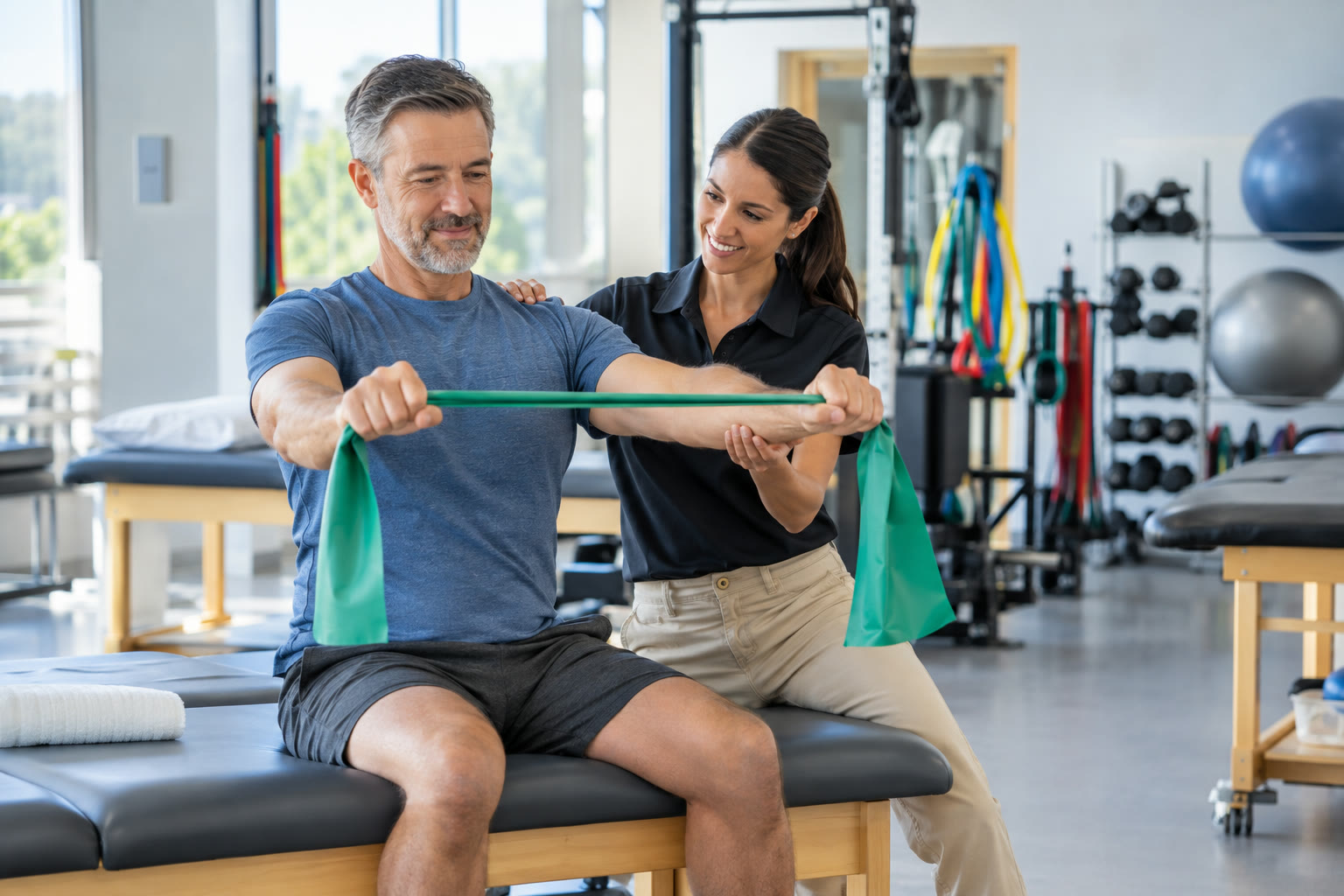 Physical therapist helping a patient in a rehabilitation clinic